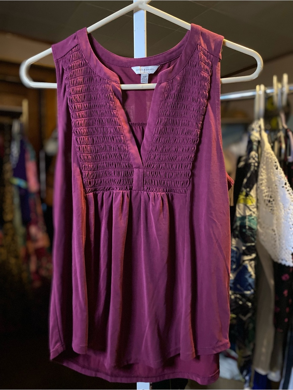 Lucky Brand Magenta Sleeveless Smocked V-Neck Tank